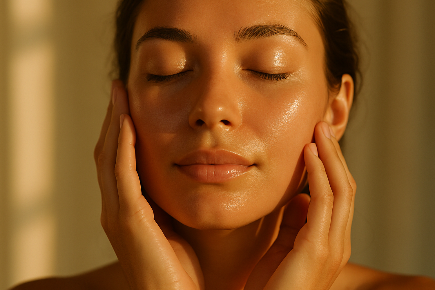 Plan rapproché du visage d’une femme qui se caresse le visage avec la lumière du soleil qui reflète sur son visage et le visage légèrement humide 